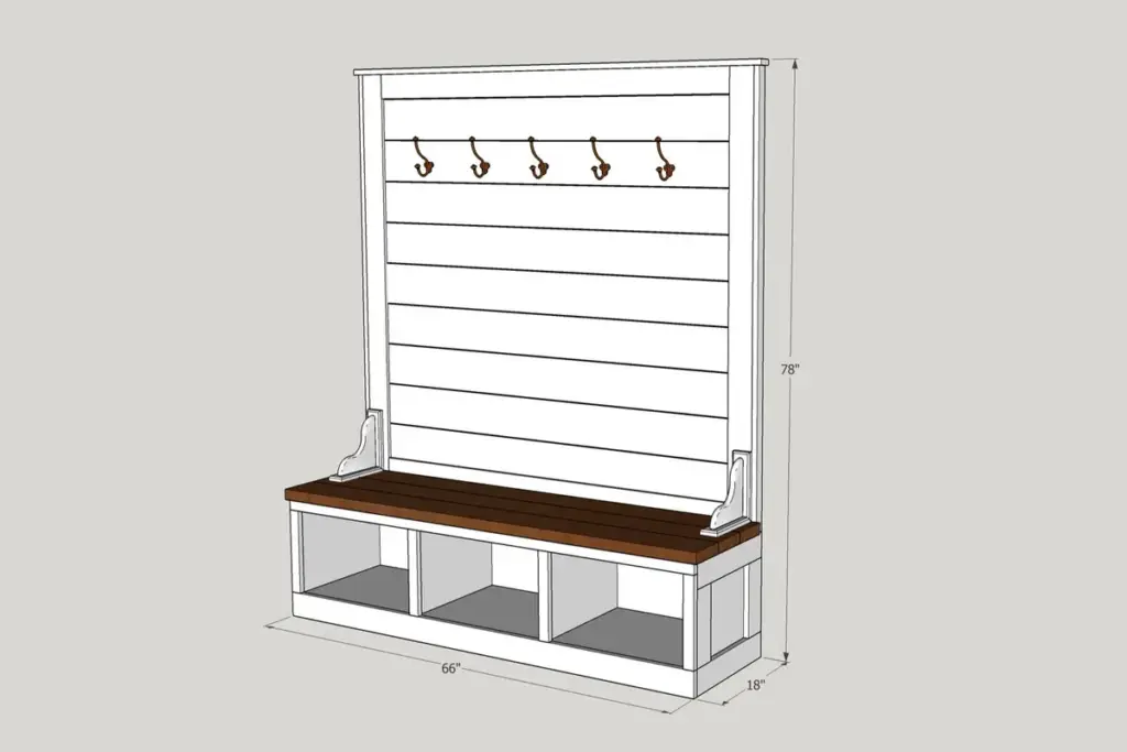 DIY Shiplap Hall Tree Bench with storage cubbies and coat hooks.