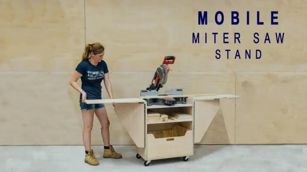 DIY mobile miter saw stand built from birch plywood on locking casters.