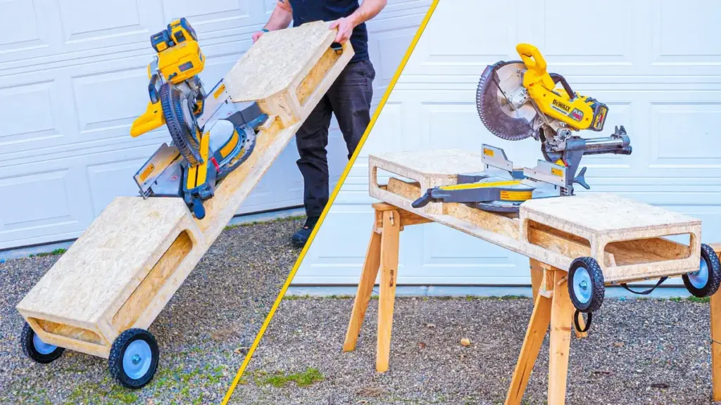 Wide mobile miter saw stand made from 3/4-inch plywood on locking casters.